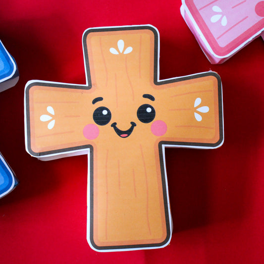 Papercraft cross-shaped character with a smiley face on a red background