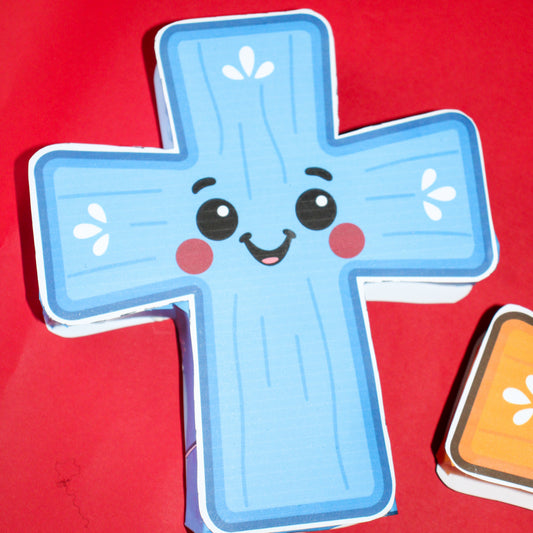 Blue papercraft cross-shaped character with a smiley face on a red background